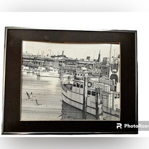 1970’s MARTIN TANG VTG Signed Seattle Waterfront Ink Print In Metal Frame Art